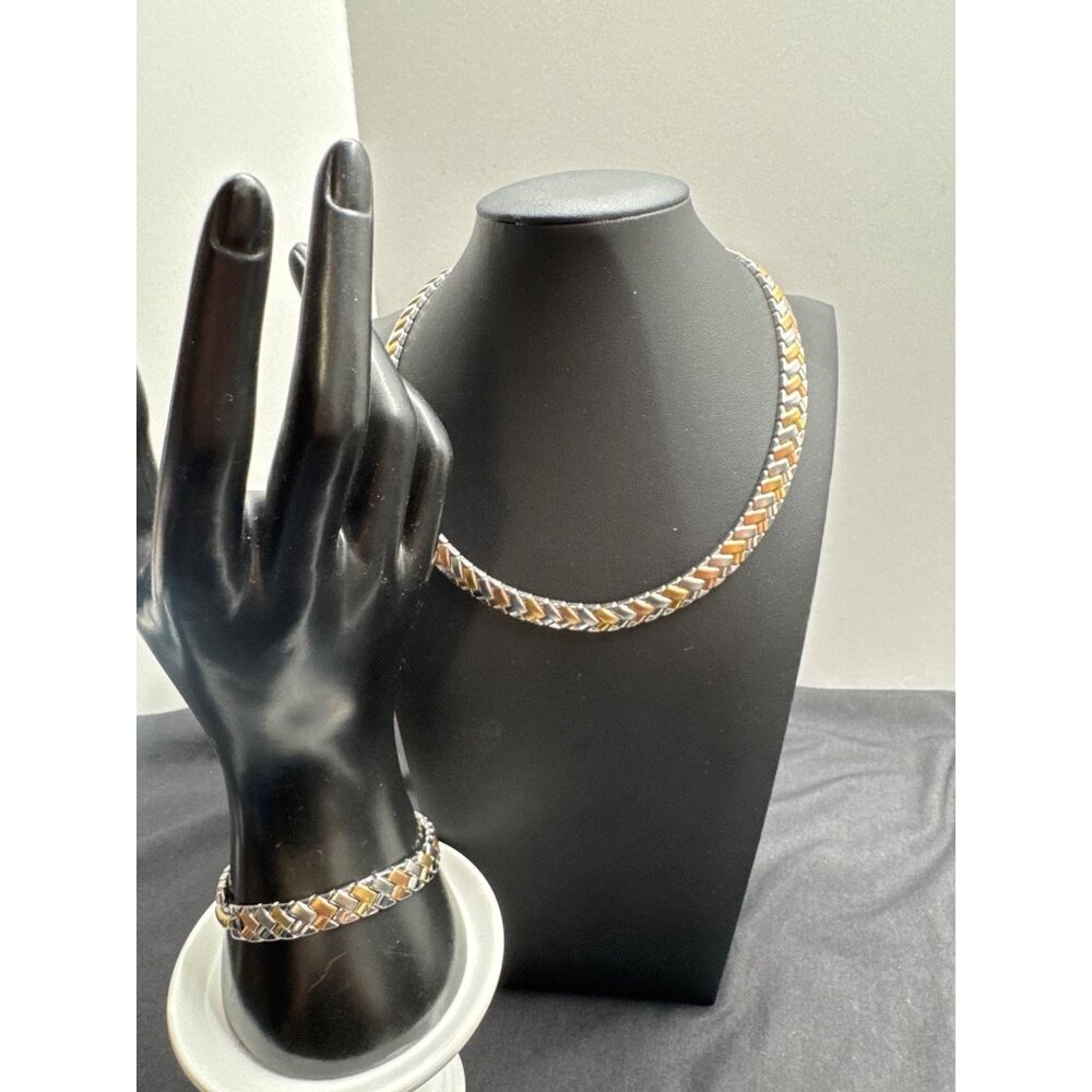 HOB 18KT Gold Plated Stainless Steel Tricolor Woven Braided Necklace & Bracelet
